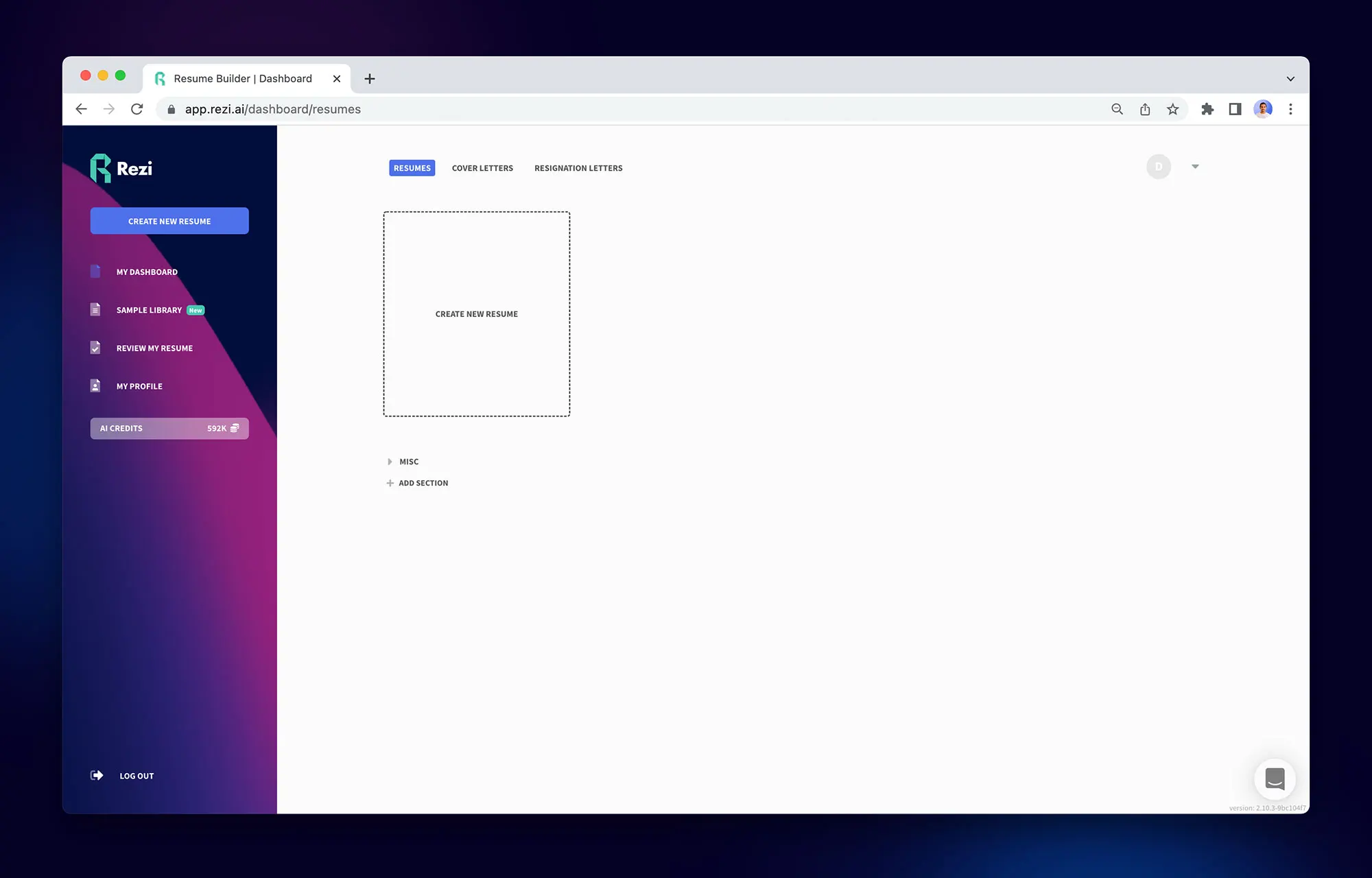 Rezi user docs create resume